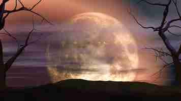 Бесплатное фото 3d лунный пейзаж с жуткими деревьями