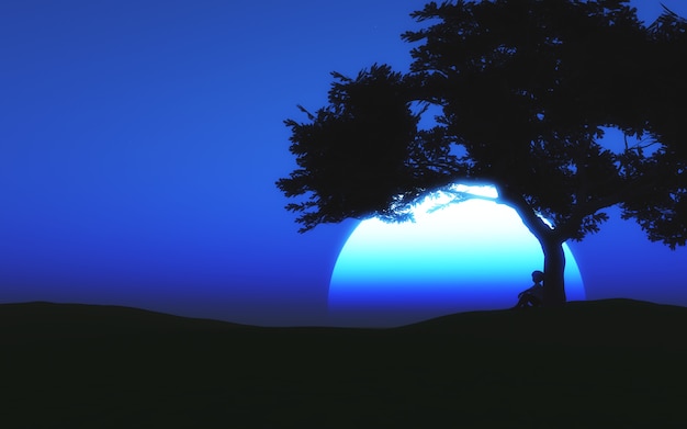 3D moonlit landscape with child sitting under a tree