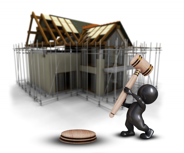 Free photo 3d morph man with gavel against a defocussed house under construction image