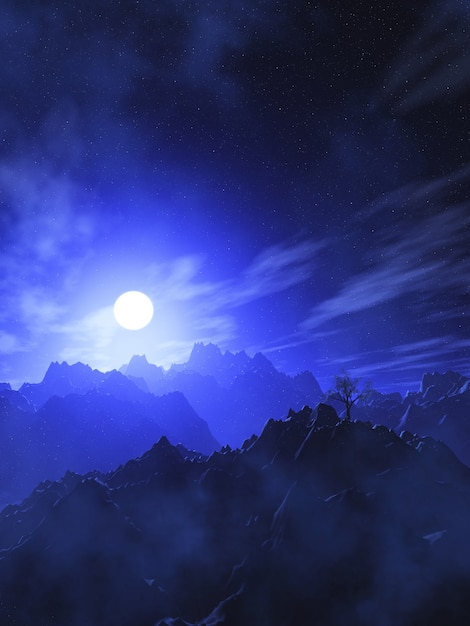 Foto gratuita 3d paesaggio montano con cielo luna