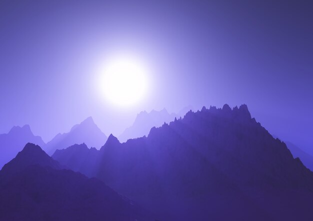 3D mountain range against a purple sunset sky