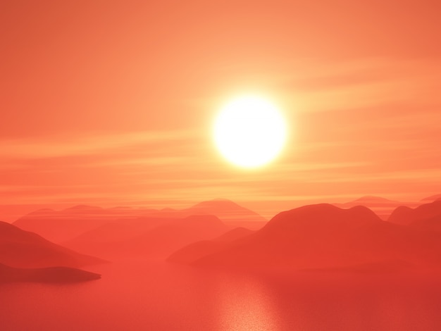 3D mountain range against a sunset sky