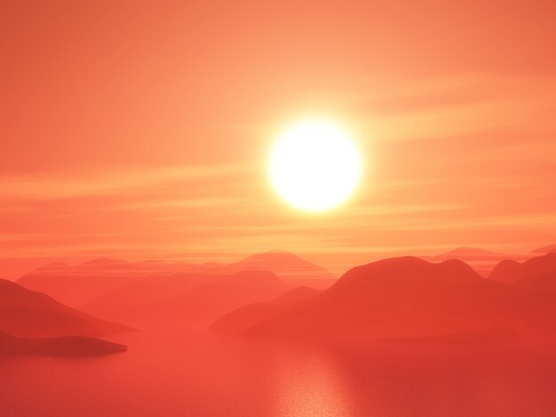 3D mountain range against a sunset sky