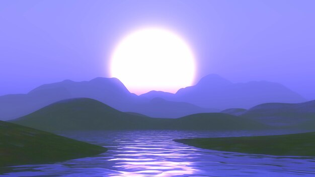 3D mountains and lake against a purple sunset sky