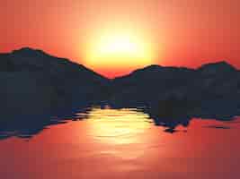 Foto gratuita montagne 3d con oceano contro un cielo al tramonto