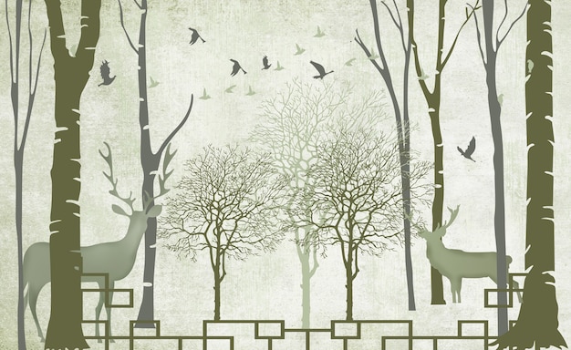 枝と花とフラットな背景の鹿と鳥と冬の雪の3d壁画壁紙の木