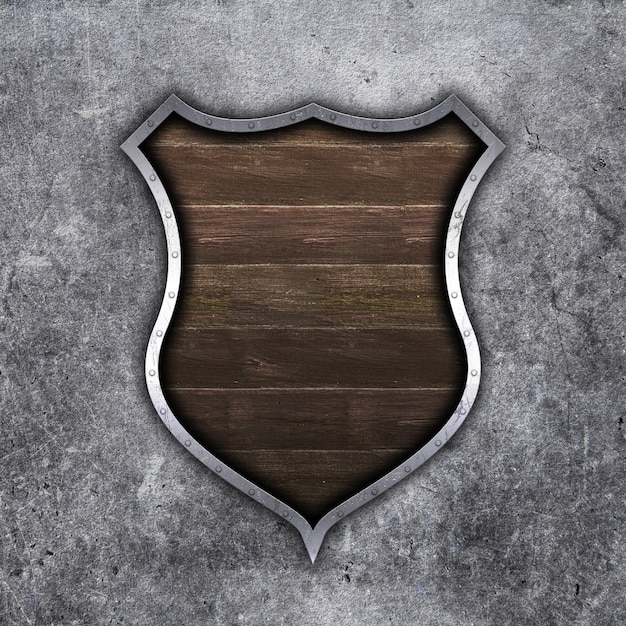 Free photo 3d old metal and wood shield on grunge concrete background