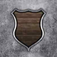 Free photo 3d old metal and wood shield on grunge concrete background