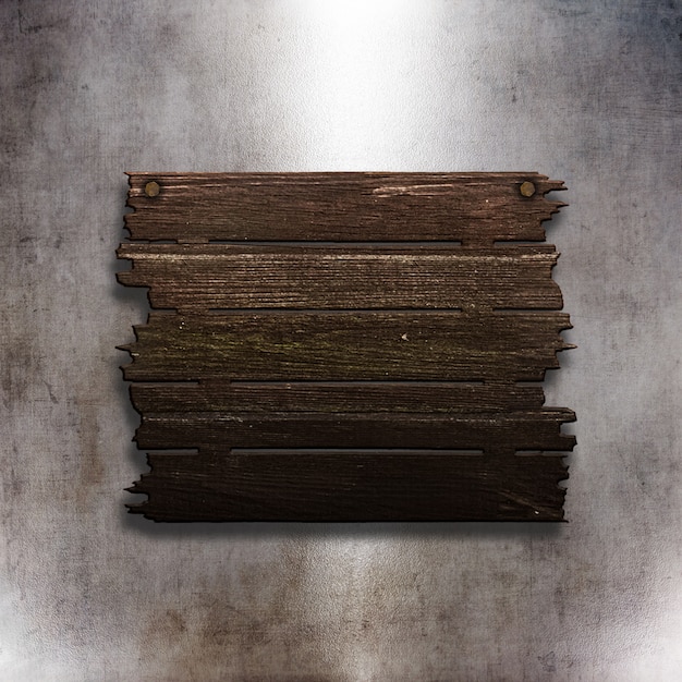 Free photo 3d old wooden sign on a grunge metal texture