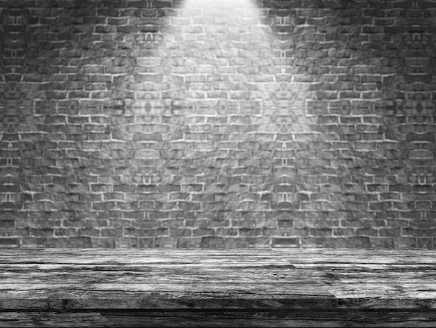 3D old wooden table looking out to a defocussed brick wall