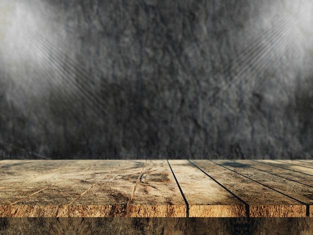 Free photo 3d old wooden table looking out to a stone wall