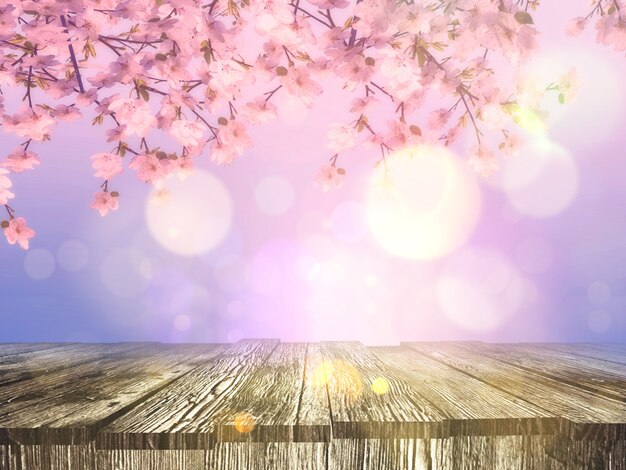 3D old wooden table with a cherry blossom background