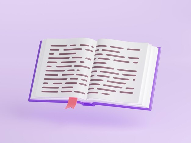 3d open book with purple cover and bookmark