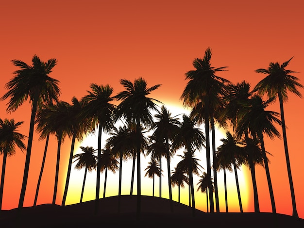 3D palm trees against a sunset sky