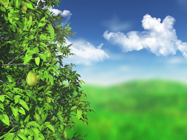 3D pear tree against a defocussed grassy landscape