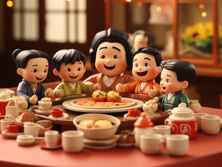 무료 Photo 중국 신년 축하 기간 동안 재결합 저녁 식사를 즐기는 3d 사람들