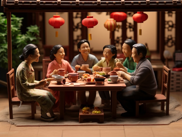 중국 신년 축하 기간 동안 재결합 저녁 식사를 즐기는 사람들의 3d