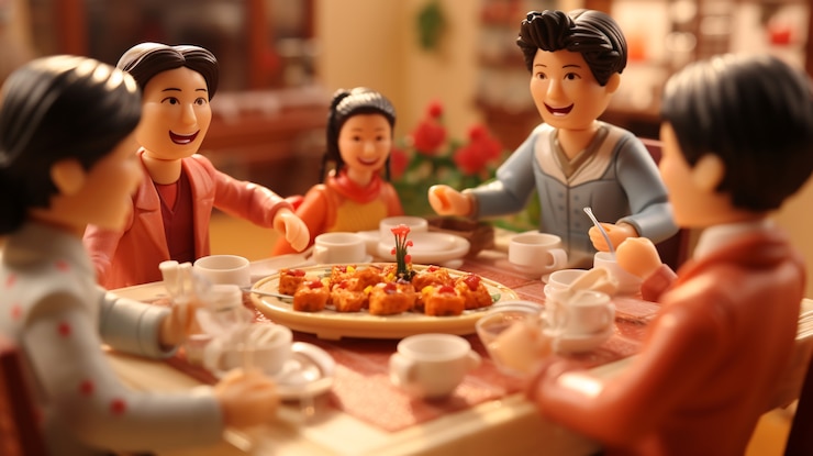 무료 Photo 중국 신년 축하 기간 동안 재결합 저녁 식사를 즐기는 3d 사람들