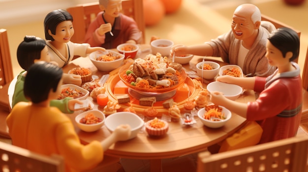 중국 신년 축하 기간 동안 재결합 저녁 식사를 즐기는 사람들의 3d