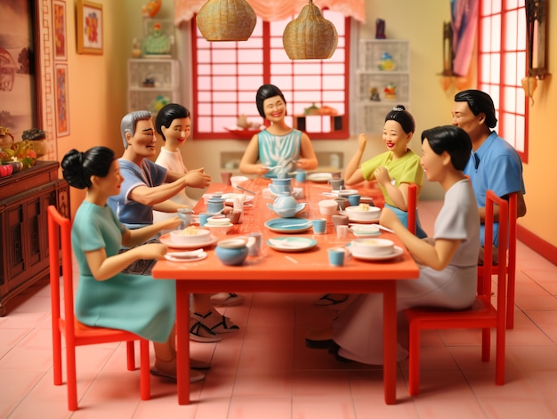 3d people enjoying reunion dinner during chinese new year celebration