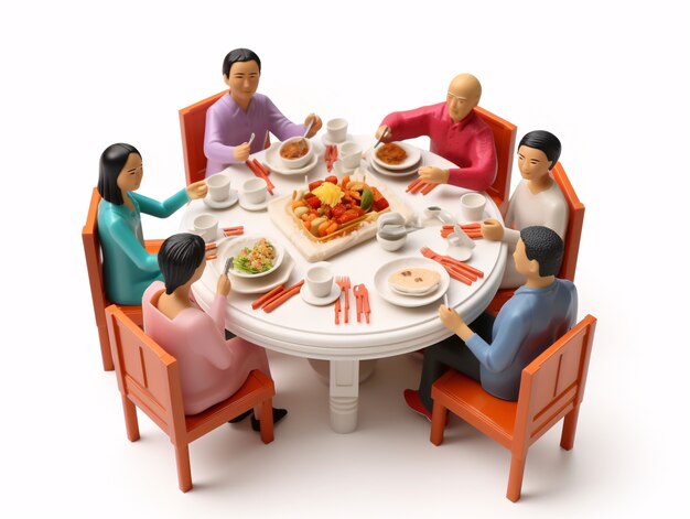 중국 신년 축하 기간 동안 재결합 저녁 식사를 즐기는 3d 사람들