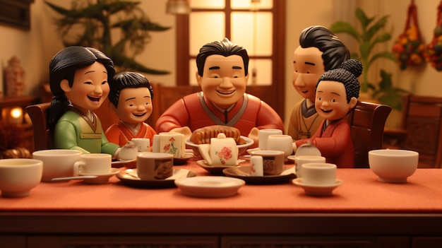 3d people enjoying reunion dinner during chinese new year celebration