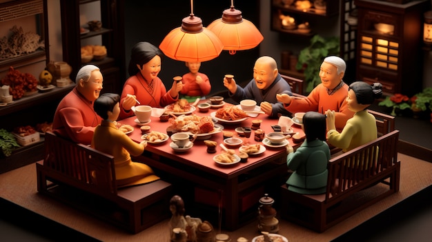 중국 신년 축하 기간 동안 재결합 저녁 식사를 즐기는 3d 사람들