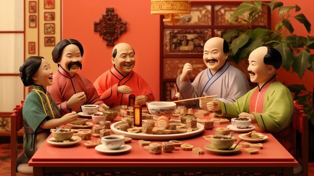 3d people enjoying reunion dinner during chinese new year celebration