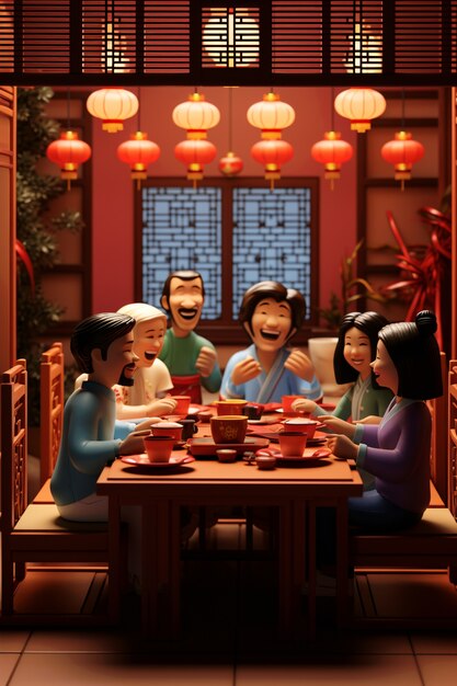3d people enjoying reunion dinner during chinese new year celebration