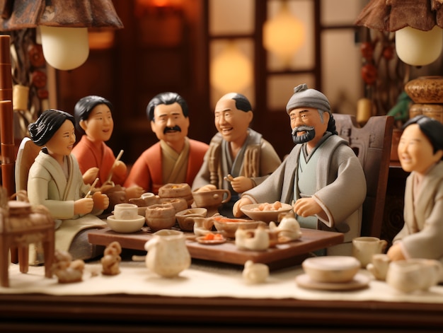 3D-люди наслаждаются ужином во время празднования китайского Нового года