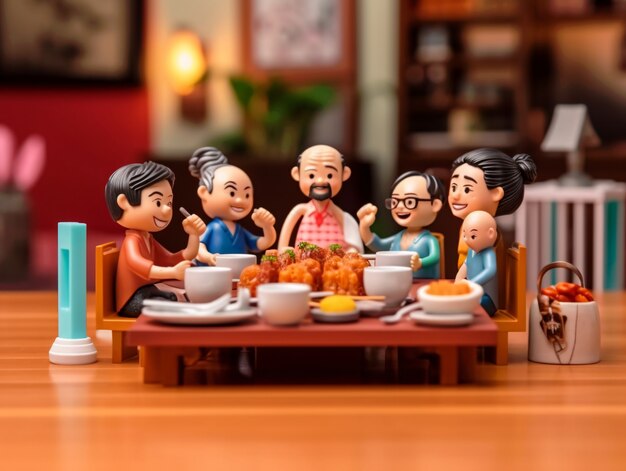中国の新年祝賀の際に再会ディナーを楽しんでいる3Dの人々
