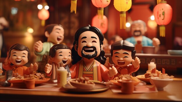 3d people enjoying reunion dinner during chinese new year celebration