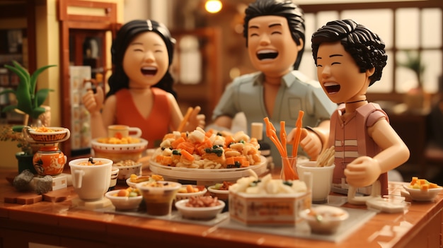 3d people enjoying reunion dinner during chinese new year celebration