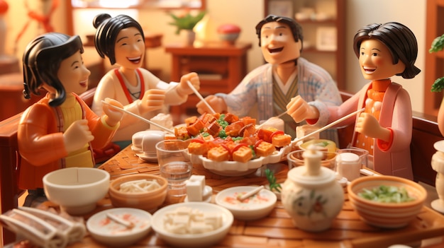 Free photo 3d of people enjoying reunion dinner during chinese new year celebration