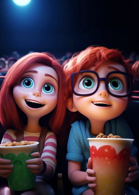 映画館で映画を見ている3Dの人々