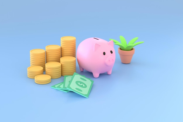 3d. piggy bank, coins and banknotes for symbol business saving.