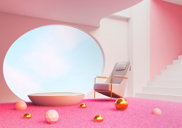 3dピンクの部屋のインテリアデザインのコンセプト