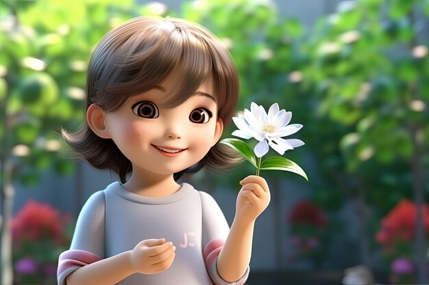 복사 공간과 함께 꽃을 들고 있는 작은 소녀의 3D 초상화
