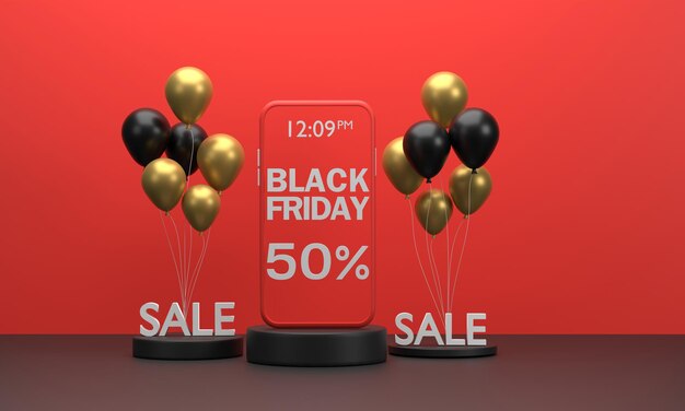 3d promotion black friday on mobile with balloons on a red background