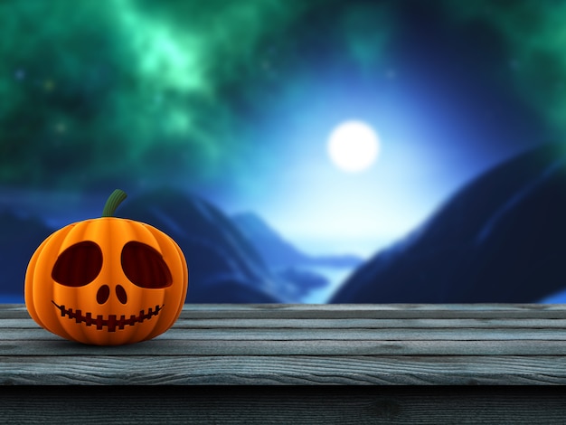 3D pumpkin on a wooden table against a defocussed spooky landscape