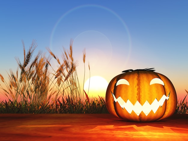 3D pumpkin on a wooden table against a sunset sky