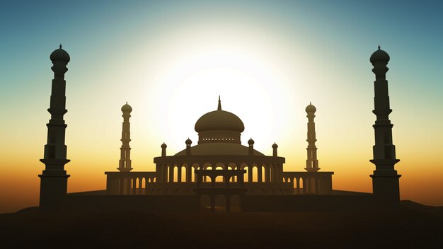 3D Ramadan background with mosque against a sunset sky