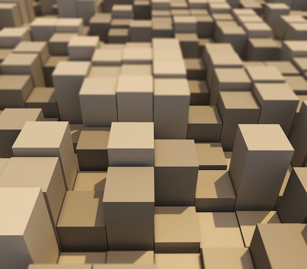 3D render of an abstract landscape of extruding cubes with shallow depth of field