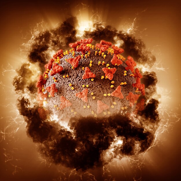 嵐の効果を持つCovid19ウイルス細胞による抽象的な医学的背景の3Dレンダリング