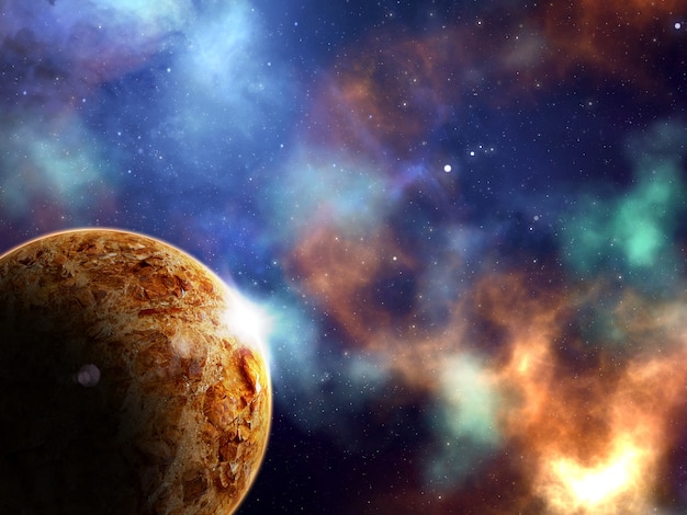 3d render of an abstract space scene with planets and nebula
