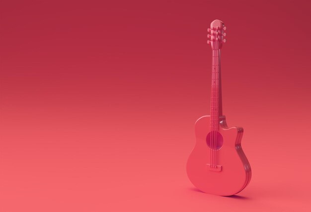 3D рендеринг акустической гитары на красном фоне 3d дизайн иллюстрации