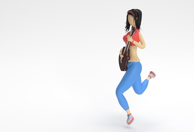 3D визуализация акустическая гитара с персонажами мультфильмов женщина 3D иллюстрации Дизайн.