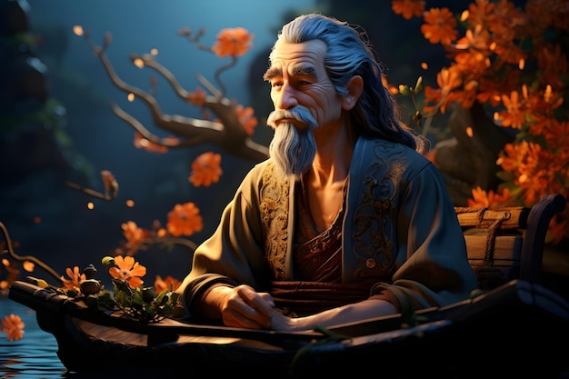 Free photo 3d render ancient asian old man illustration