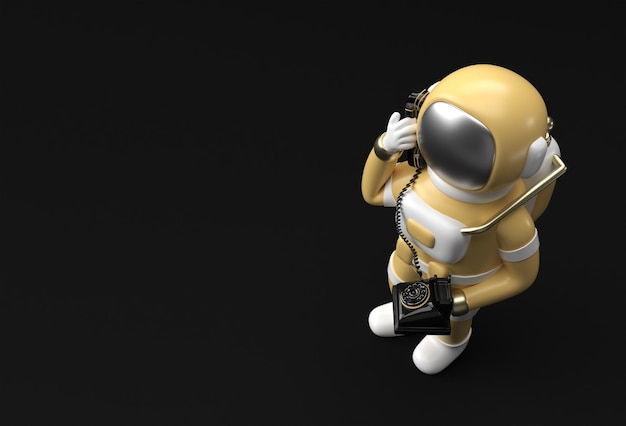 3d Render Astronaut calling gesture with old telephone 3d illustration Design