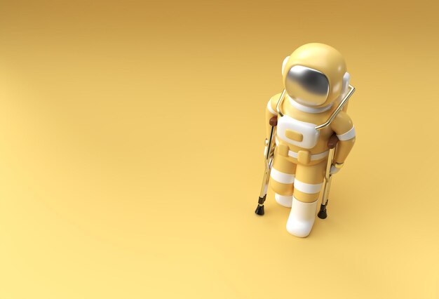 목발을 사용하여 3D 렌더링 우주 비행사를 비활성화하여 3D 일러스트레이션 디자인을 걷습니다.